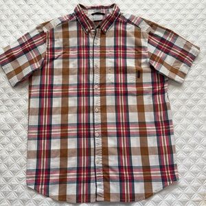 Columbia Men's Casual Plaid Button Down Short Sleeve Shirt Red White Brown Sz L